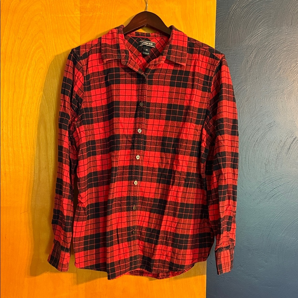 Lands' End Women's Red and Black Plaid Blouse